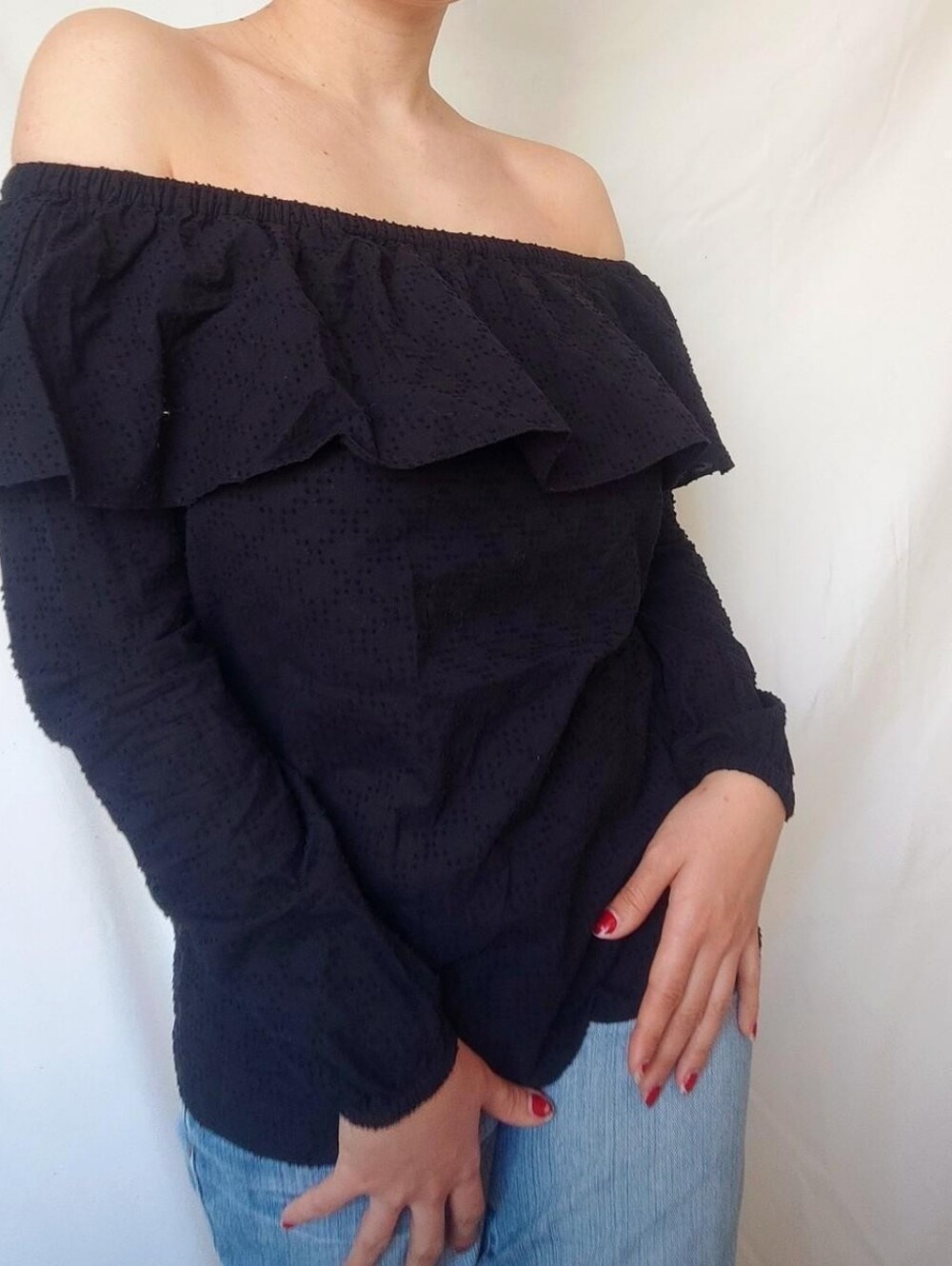 Michael Kors Black Textured Off The Shoulder Ruffled Top